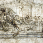 Leonardo da Vinci, Scenario architettonico e rissa di cavalieri (studio prospettico per l’Adorazione dei Magi), 1481 circa. Penna e inchiostro ferrogallico, pennello e inchiostro ferrogallico diluito, tracce di punta metallica, lumeggiature a biacca (carbonato basico di piombo) parzialmente ossidata, stilo e compasso su carta preparata color bruno chiaro, 164 ✕ 290 mm. Firenze, Gabinetto Disegni e Stampe degli Uffizi