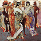 Aroldo Bonzagni, All'uscita dalla Scala, 1910, Acquarello e tempera su carta applicata a cartone, 50.5 x 40.5 cm, Milano, Galleria d'Arte Moderna