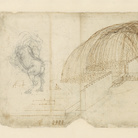 Leonardo da Vinci, Codice Atlantico (Codex Atlanticus), Foglio 72 recto, A destra, Studio di bombardamento con traiettoria per la caduta delle bombe oltre le mura di una fortezza, A sinistra, disegno preparatorio per la Battaglia di Anghiari | © Veneranda Biblioteca Ambrosiana / Mondaori Portfolio