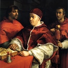 Raffaello Sanzio, Ritratto di Leone X con i cardinali Giulio de' Medici e Luigi de' Rossi, 1518. Olio su tavola, cm 155,2×118,9. Galleria degli Uffizi, Firenze