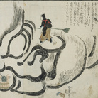 Katsushika Hokusai, Dettagli della performance di Hokusai mentre dipinge un enorme ritratto del Bodhidharma (高力猿猴庵『北斎大画即書細図』名古屋市博物館) | Courtesy of Nagoya City Museum