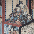 Utagawa Toyokuni III alias Kunisada (1786 - 1865), Scene di teatro Kabuki, Xilografia policroma in formato oban, 240 x 322 mm, Firmata Kochoro Toyokuni dipinse