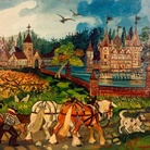 Antonio Ligabue, Ritorno dai campi con castello, 1950-55, olio su faesite, 77 x 93 cm.