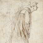 Michelangelo Buonarroti (1475 - 1564), Due figure vestite che piegano in avanti (verso), 1496-1503, Penna e due tonalità di inchiostro marrone,  Senza cornice 26.9 x 19.4 cm, Haarlem, Museo Teylers, Acquistato nel 1790 | Immagine © Museo Teylers, Haarlem