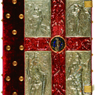 Vangeli per il giuramento dei Priori, Secoli XIV-XVI, Legatura con decori a pastiglia su entrambi i piatti, nei colori argento, oro, azzurro e rosso, su assi di legno