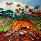 Antonio Ligabue, Leonessa che azzanna una zebra, 1950-55, olio su faesite, 72 x 88 cm.