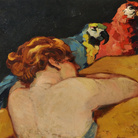 Renato Natali, Donna con pappagalli, 1920 circa, Olio su tavola, 70.5 x 50 cm