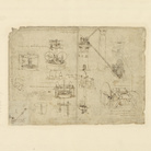 Leonardo da Vinci (1452-1519), Codice Atlantico (Codex Atlanticus), foglio 1069 recto, A sinistra, tubo munito di galleggiante per consentire la respirazione subacquea; macchine per sollevare, pompare e raccogliere acqua, In alto a destra, due lunghe coclee per trasportare l'acqua del fiume verso due torri, In basso a sinistra, secchio con sifone | © Veneranda Biblioteca Ambrosiana / Mondadori Portfolio