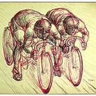Toni Boni, Ciclisti, anni Cinquanta-Sessanta, penna nera, rossa e verde su cartoncino