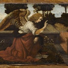 Leonardo da Vinci, Annunciazione, 1478-1480 circa. Olio su tavola di pioppo, 16 ✕ 60 cm. Parigi, Musée du Louvre, Département des Peintures, già in Collezione Campana, Roma, entrato al Louvre nel 1863