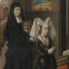 Groeningemuseum: Petrus Christus (1410/1420 - 1475/1476 circa), Isabella di Portogallo con Santa Elisabetta, Olio su pannello di quercia, 33 x 59 cm