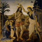 Leonardo da Vinci e Andrea del Verrocchio, Battesimo di Cristo, 1475-1478. Olio e tempera su Tavola, cm 177cm×151. Galleria degli Uffizi, Firenze