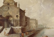 immagine di Capriccio con chiesa gotica e laguna