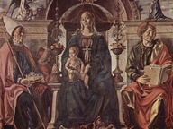 immagine di Pala dei Mercanti - Madonna in trono col Bambino coi Santi Petronio, Giovanni Evangelista e il committente Alberto Cattanei