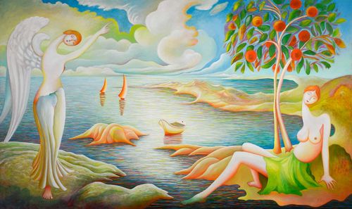 Pasquale Celona, Annunciazione, 2013. Olio su tela, 129 x 250 cm