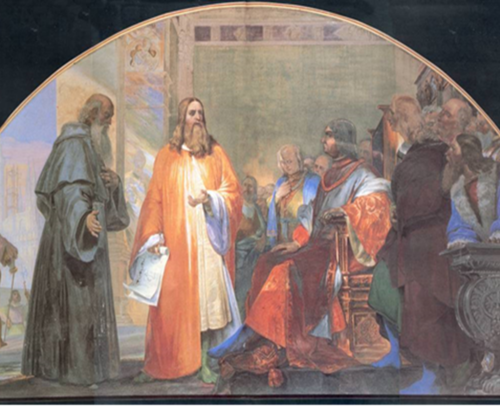  Affresco di Nicola Cianfanelli, Luca Pacioli e Leonardo alla corte di Ludovico Il Moro, 1841. Museo della Specola, Firenze