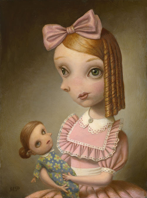 Marion Peck, Girl Holding a Doll, 30 x40 cm. Oil on board