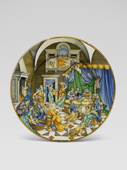 Piatto, La Nascita di san Giovanni Battista, Urbino o Casteldurante, 1530-1545. Collezione privata