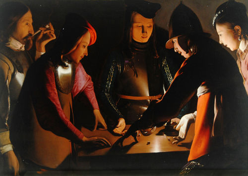Georges de La Tour<em>, I giocatori di dadi</em><em>,</em>1651 ca. Olio su tela, 95,5 x 130,5 cm. Preston Park Museum and Grounds Stockton-on-Tees, Regno Unito<br />