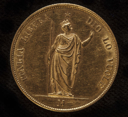 Governo Provvisorio della Lombardia, 40 lire oro, 1848; dritto con il motto “Italia libera Dio lo vuole”. Collezione privata