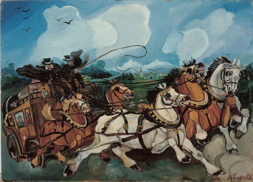 Antonio Ligabue, Diligenza con paesaggio e villa di Casanova Rambelli, olio su tavola di faesite, 1953-1954, 68x95 cm<br />
