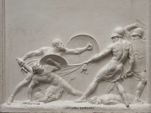 Antonio Canova, <em>Socrate salva Albiciade nella battaglia di Potidea</em>, 1797, gesso, 110x140x6,50 cm. Courtesy Accademia Nazionale di San Luca, Roma