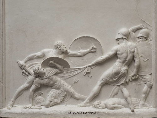 Antonio Canova, <em>Socrate salva Albiciade nella battaglia di Potidea</em>, 1797, gesso, 110x140x6,50 cm. Courtesy Accademia Nazionale di San Luca, Roma