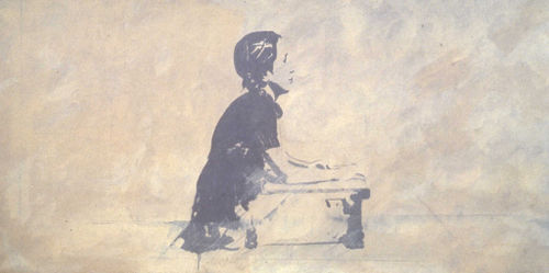 Giosetta Fioroni, Autoritratto a nove anni, 1966. Matita, colore alluminio e smalto bianco su tela, cm 80,5 x 180,5 x 2