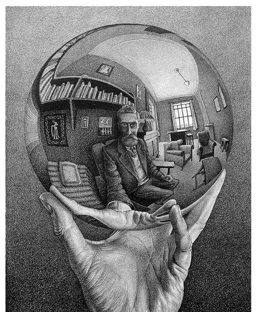 Maurits Cornelis Escher, <em>Mano con sfera riflettente</em>, 1935, Litografia, 21.3 x 31.1 cm, Olanda, Collezione Escher Foundation. All M.C. Escher works &copy; 2021 The M.C. Escher. Company The Netherlands. All rights