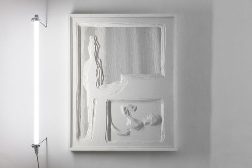 Ezio Gribaudo, Logogrifo, 1969. Ezio Gribaudo, The Weight of the Concrete, in a scenography by Davide Stucchi at Grazer Kunstverein, 2023. Courtesy: the Archivio Gribaudo, Davide Stucchi and Grazer Kunstverein I Ph. kunst-dokumentation.com