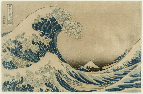 Katsushika Hokusai, Under the Wave off Kanagawa (Kanagawa-oki nami-ura), also known as the Great Wave, from the series Thirty-six Views of Mount Fuji (Fugaku sanjūrokkei). Woodblock print; ink and color on paper, 23.8x36.6 cm. 