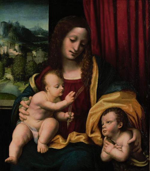 Giovanni Pietro Rizzoli detto Giampietrino,<em> Madonna con Bambino e San Giovannino</em>, Olio su tavola, 54 x 58 cm, Collezione privata