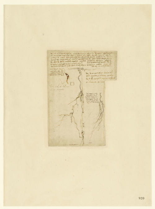 Leonardo da Vinci, <em>Codice Atlantico (Codex Atlanticus)</em>, Foglio 920 recto, Carta geografica concernente l'idrografia della zona di Romorantin, in Francia, Sono citati i fiumi Loire, Cher e Soudre