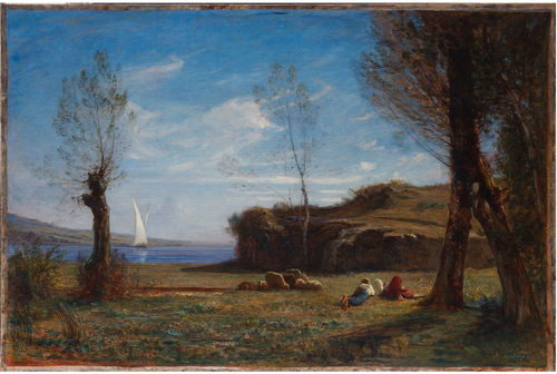 Antonio Fontanesi, Aprile. Sulle rive del lago del Bourget, in Savoia, olio su tela, 102x153 cm. Collezione privata