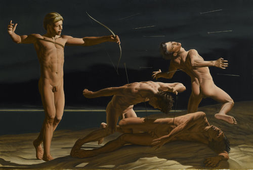 Nicola Verlato, Apollo che saetta i figli di Niobe, 2021, olio su tela di lino, 67x100 cm.