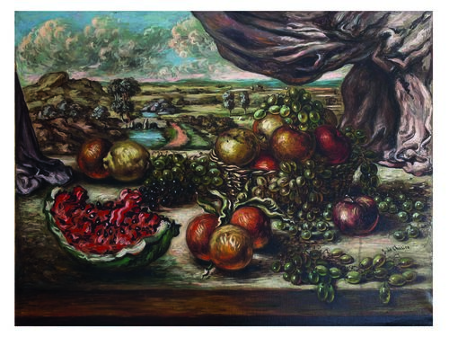 Giorgio de Chirico, Frutta con sfondo di paese, 1956. Legnano, collezione privata
