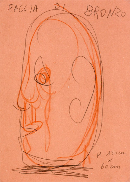 Aldo Mondino, Faccia di bronzo, 1989,  tecnica mista su carta, 35x26 cm.