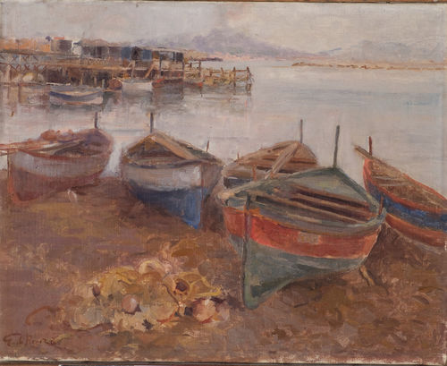 Guido Di Renzo, Barche al porto con Vesuvio, olio su tela, cm. 38x47