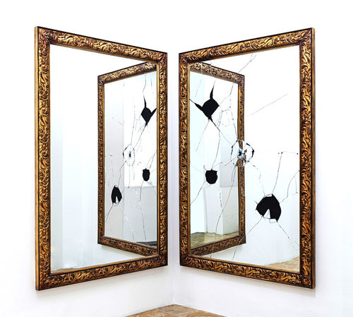 Michelangelo Pistoletto, Two Less One, 2009, legno dorato e specchio, 120x180 cm. (2 elementi)