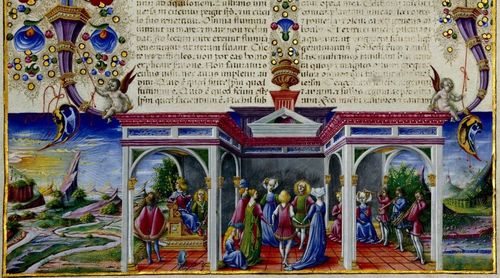 Bibbia di Borso d’Este: Taddeo Crivelli, bas-de-page della carta iniziale dell’Ecclesiaste, La corte di re Salomone; vol. I, c. 280v. Modena, Biblioteca Estense Universitaria
