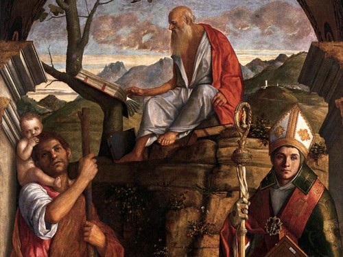 Giovanni Bellini, <em>Pala di San Giovanni Crisostomo </em>ovvero<em> I Santi Cristoforo, Girolamo e Ludovico di Tolosa</em>,1513, Olio su tavola, 300 x 185 cm, Venezia, Chiesa di san Giovanni Crisostomo<br />