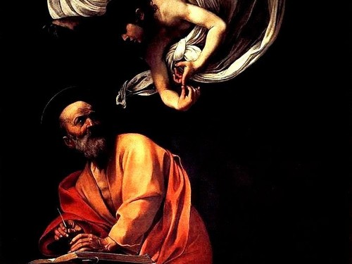 Michelangelo Merisi da Caravaggio, <em>San Matteo e l'Angelo</em>, 1602, olio su tela, 295x195 cm, Cappella Contarelli, Chiesa di San Luigi dei Francesi, Roma<br />