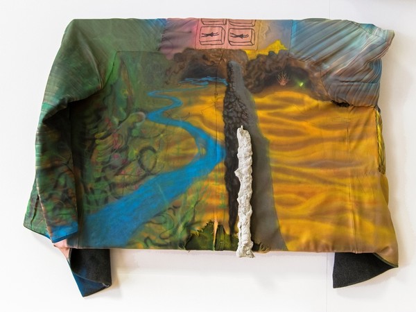 Matteo Valerio, <em>Freefall, one life and another,</em> 64x54x3 cm., oil and acrylic on silk, viscose and wool