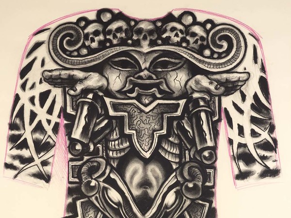 Filip Leu, Aztec Head Backpiece, 1999, Carboncino su carta, 100 x 70 cm | Geoffreoy Baud | Leu Art Family. Caresser la peau du ciel, Museum Tinguely, Basilea