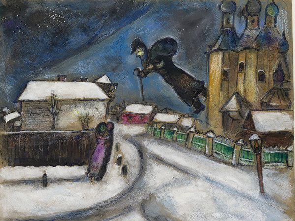 Marc Chagall, Sopra Vicebsk. Gouache, grafite, e matita colorata su cartone, cm 51,5x64,3. Lascito Anna Salzmann allo Stato di Israele. In prestito permanente dall'Amministratore generale dello Stato di Israele © Chagall ® by SIAE 2015
