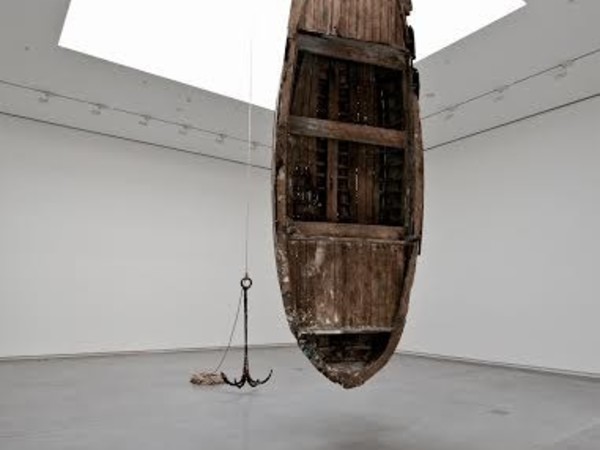 Rayyane Tabet, Cyprus, 2015. From the series: Five Distant Memories: The Suitcase, The Room, The Toys, The Boat and Maradona (2006-2016). Wooden boat, steel anchor, pulleys, rope and hardware; Dimensions variable