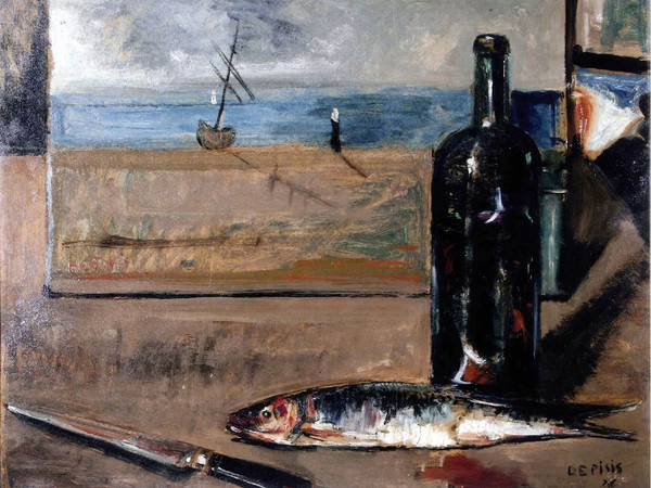 Filippo de Pisis, Pesce, bottiglia di vino e coltello su tavolo, olio su tela, 53 x 63 cm. Collezione privata 
