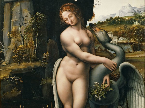 Seguace di Leonardo, Leda e il cigno, Primo decennio del XVI secolo, Olio su tavola, 77.5 x 130 cm, Firenze, Galleria degli Uffizi