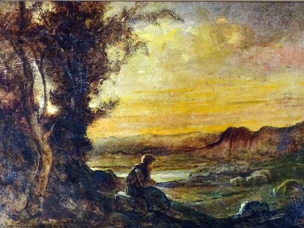 Antonio Fontanesi, <em>Pastorella col suo gregge in paesaggio al tramonto</em>, olio su cartoncino su tavola, cm. 45x33