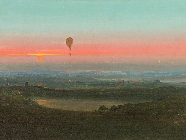 Ippolito Caffi, Ascensione in mongolfiera nella campagna romana, 1847, olio su carta. Musei civici di Treviso